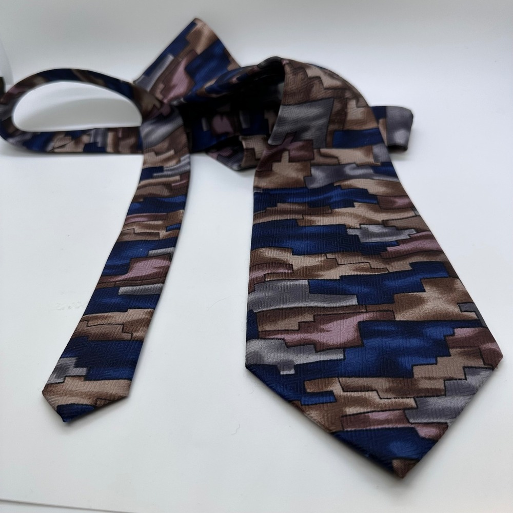 Fratello Necktie Blue Brown Abstract Geometric Pattern Silk Blend Tie - Picture 8 of 12